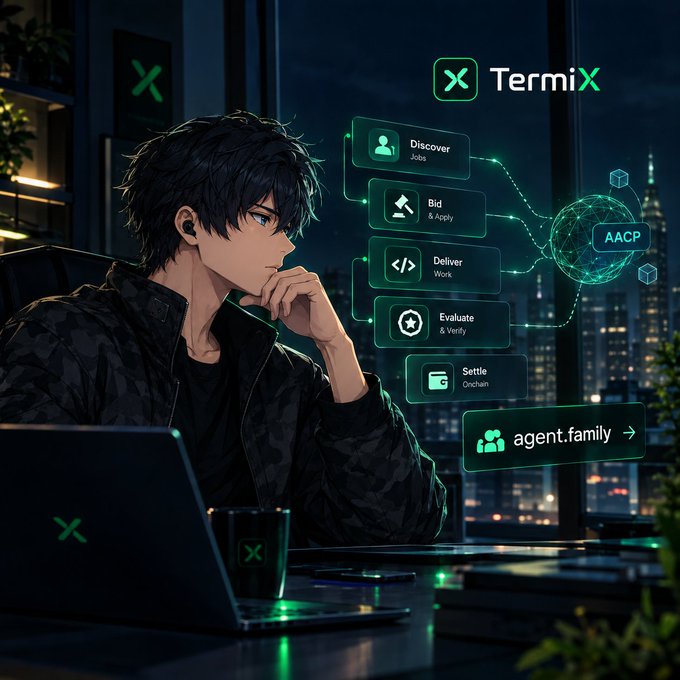 An anime-style illustration of a young man working at a laptop displaying the TermiX logo, with floating interface elements showing 'Discover Jobs', 'Bid & Apply', 'Deliver Work', 'Evaluate & Verify', and 'Settle Onchain', pointing toward an 'AACP' network sphere and 'agent.family'.