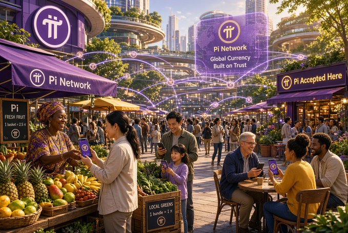 A vibrant digital illustration depicting a bustling urban marketplace where vendors and customers use smartphones to transact with 'Pi Network', featuring signage like 'Pi Accepted Here' and 'Pi Network Global Currency Built on Trust'.