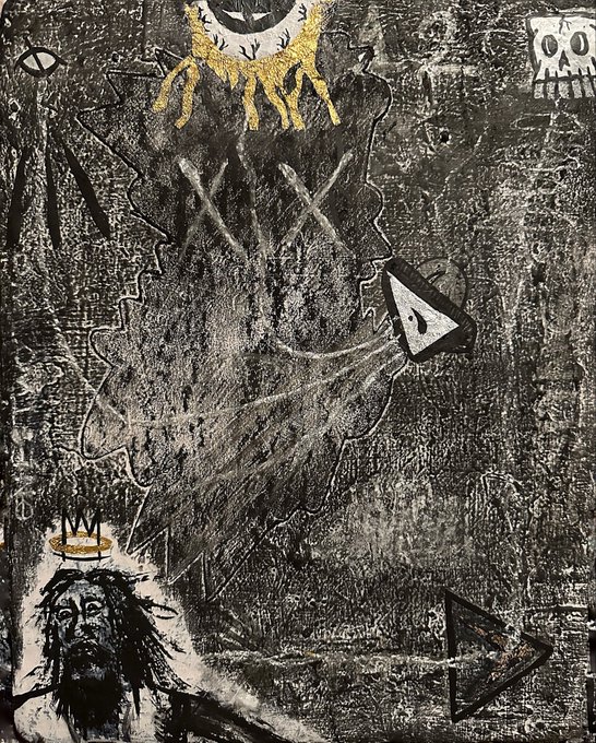 A dark, textured abstract artwork featuring primitive-style drawings including a yellow sun/eye motif, an X-eyed face, and various geometric symbols.