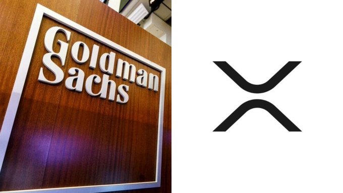 A split image showing the Goldman Sachs logo (white text on a wooden plaque) alongside the XRP cryptocurrency symbol (black "X" logo). The image relates to the post by visually connecting the credibility of a major Wall Street investment bank to a bullish prediction about XRP's price trajectory, suggesting institutional validation for the cryptocurrency's potential surge.