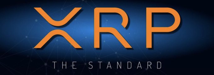 A dark blue logo with orange stylized letters "XRP" and the tagline "THE STANDARD" underneath, set against a network-like background.