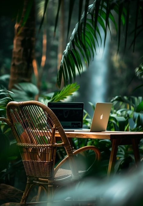 A moody, AI-rendered scene shows two open laptops on a wooden table next to a wicker chair in a dense, misty jungle setting.