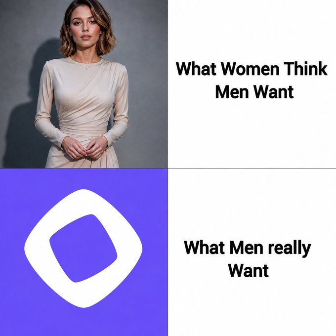A meme comparing expectations versus reality, with the top panel showing a woman labeled "What Women Think Men Want" and the bottom panel displaying a purple square with a rounded white logo labeled "What Men Really Want"—likely referencing the Monad crypto project referenced in the accompanying post.