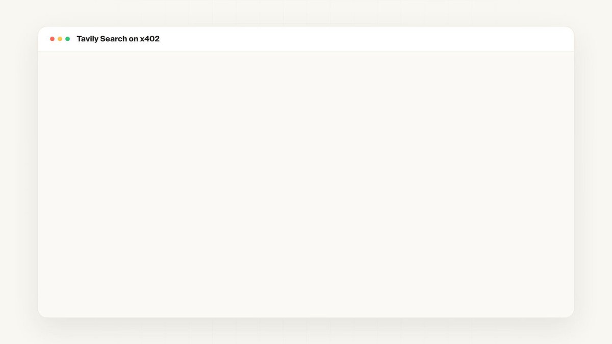 The image features a large square screenshot with white text on a dark gray background that reads: "Today's real-time web search, agent-payable. @TavilyAI, the web access layer for the internet of agents, is now on x402. Paid per query in USDC on @base, no API key or account needed". This screenshot appears to be related to a post about web search or the web of agents. The image itself does not provide any additional information regarding the specific content of the post; it only presents a screenshot with text and a dark gray background.