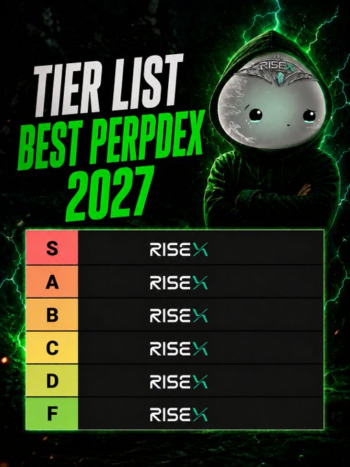 A thumbnail-style graphic titled 'TIER LIST BEST PERPDEX 2027' featuring a hooded figure with a crystal ball head displaying the 'RISEX' logo, above a tier list ranking S through F, all marked 'RISEX'.