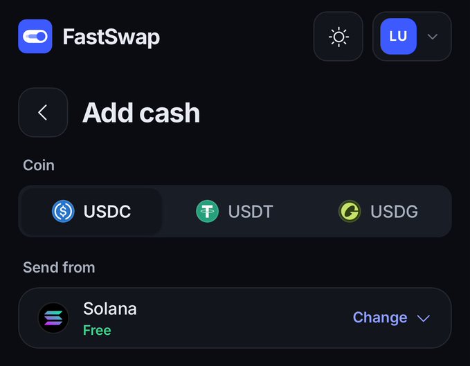 The image shows the FastSwap app's "Add cash" screen, where users can select between USDC, USDT, and USDG coins and choose to send from Solana for free, illustrating the platform's key feature of supporting multiple stablecoins unlike Fomo's USDC-only offering.