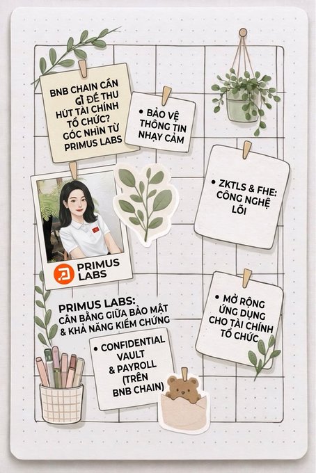A Primus Labs infographic outlines what BNB Chain needs to attract major financial institutions: “BNB CHAIN CẦN GÌ ĐỂ THU HÚT TÀI CHÍNH TỔ CHỨC?” The graphic emphasizes protecting sensitive information, enabling interoperability with ZK-TLS and FHE, expanding institutional applications, and providing confidential, fault-tolerant, and payroll-ready BNB Chain solutions.