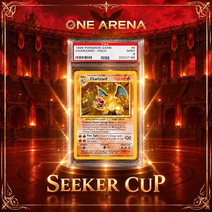 A promotional graphic for 'ONE ARENA SEEKER CUP' featuring a PSA-graded 1999 Pokemon Base Set holographic Charizard #4 (Mint 9), set against a dramatic red-lit Roman colosseum backdrop.
