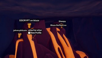 A scene from what appears to be a video game or stream showing orange figures with usernames like 'D3CRYPT on blaze', 'Shaopy', and 'johnnybitcoin' above them.