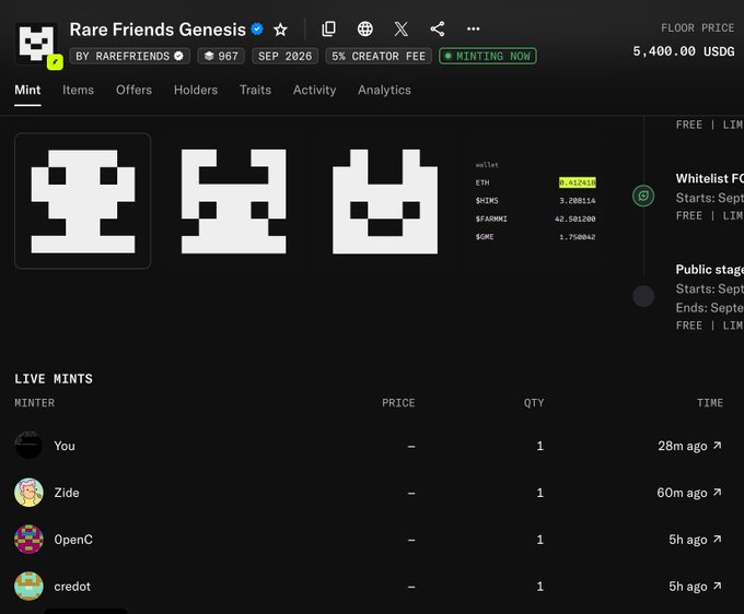 Screenshot of a 'Rare Friends Genesis' NFT minting page showing a 5x5 pixel art skull design, with live mints listed and a floor price of 5,400.00 USDG.