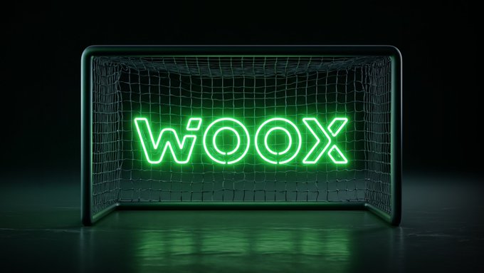 The image shows a soccer goal with a net, illuminated by a bright green neon sign displaying the text "WOOX" in the center. The neon glow and goal frame visually reinforce the trading post's "big goals only" message, symbolizing a successful trade as scoring a goal.