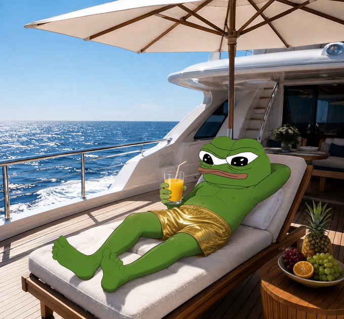 A digital illustration of the Pepe the Frog meme character wearing gold shorts, lounging on a luxury yacht deck with a drink and a bowl of fresh fruit.