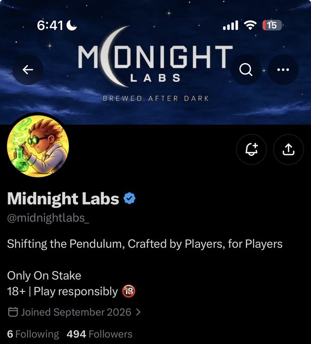 A screenshot of the verified X profile for “Midnight Labs” (@midnightlabs_), showing the tagline “Shifting the Pendulum, Crafted by Players, for Players,” “Only On Stake,” and 494 followers. The accompanying post promotes a $150 SOL giveaway for users who follow with notifications enabled and retweet, like, and comment.