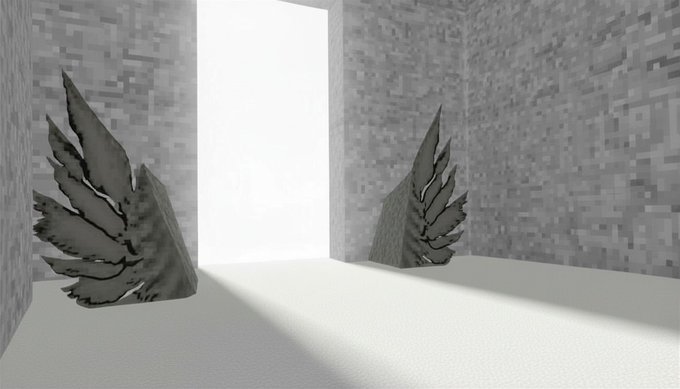 A 3D rendered gray room with stone-textured walls and two stylized wing sculptures protruding from the corners.