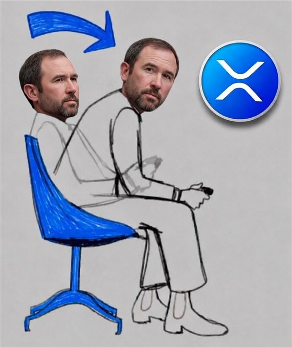 A digital illustration of a man sitting on a blue chair, with an arrow pointing to an identical version of his face, alongside the XRP (Ripple) cryptocurrency logo.