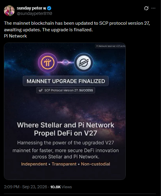The image shows a Twitter/X post by "sunday peter π" (@sundaypeter8110) announcing that the Pi Network mainnet has been upgraded to SCP Protocol version 27, featuring a graphic titled "MAINNET UPGRADE FINALIZED" with "SCP Protocol Version 27: SUCCESS" and text reading "Where Stellar and Pi Network Propel DeFi on V27." The accompanying post discusses the completion of this upgrade and what it means for the ecosystem's future technical developments.