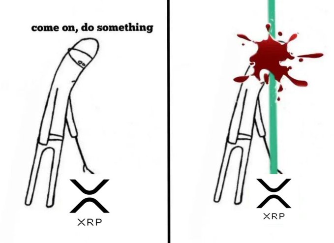This meme depicts a character urging the XRP cryptocurrency to "do something" before it is impaled and appears to bleed out. The image directly relates to the accompanying #XRP post by satirizing the cryptocurrency's perceived lack of action or volatility.
