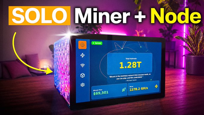 An advertisement for a 'SOLO Miner + Node' device displaying a Bitcoin mining interface showing 1.28T total hashrate at 1278.2 GH/s, with a Bitcoin price of $69,501.