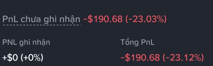 The image displays a trading PnL summary showing "PnL chưa ghi nhận" (Unrealized PnL) at **-$190.68 (-23.03%)** and "Tổng PnL" (Total PnL) at **-$190.68 (-23.12%)**, directly illustrating the post's lament about losing over 23% on a meme coin investment.