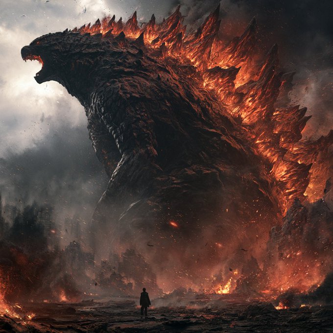 A colossal Godzilla-like kaiju towers over a fiery, apocalyptic landscape as a tiny human figure stands before it, visually capturing the "Kaiju" theme of the $CLAN meme coin while symbolizing its massive scale and burning supply. The image's destructive imagery reinforces the post's message of supply shrinkage through monthly burns and aggressive deflationary tokenomics.