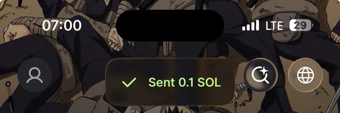 A smartphone lock screen showing a status bar with 07:00, LTE, and 29% battery, featuring a notification that reads "Sent 0.1 SOL" over an anime background.