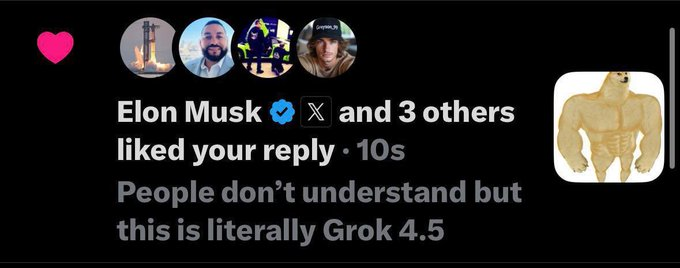 A social media notification showing that Elon Musk and 3 others liked a reply about Grok 4.5.