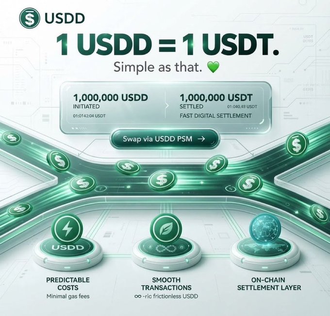 A promotional graphic for USDD stablecoin featuring the text '1 USDD = 1 USDT' with details about swapping via USDD PSM and benefits including predictable costs, smooth transactions, and on-chain settlement.