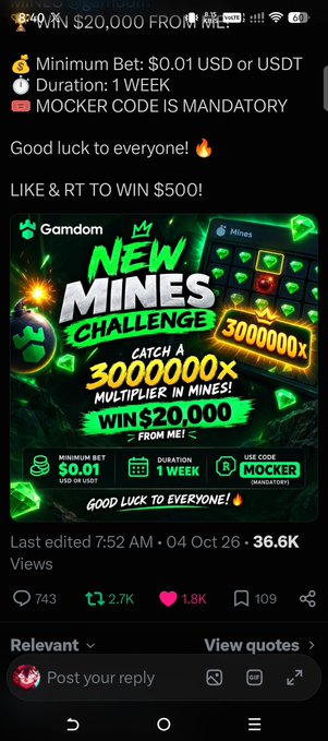 A mobile screenshot of a Gamdom promotional post for a 'NEW MINES CHALLENGE' offering a 3,000,000x multiplier and $20,000 prize, with rules showing minimum bet of $0.01 USD or USDT and use code 'MOCKER'.