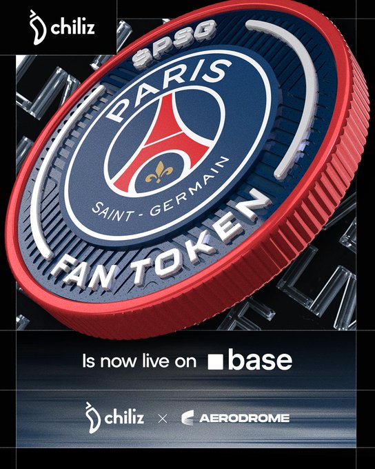 The image features a large, circular coin with the words "Paris Saint-Germain Fan Token" written on it. The coin has a red border and a blue center, making it stand out against the black background of the poster. Below the coin, there is text that reads "is now live on @Base", indicating that the fan token is available for purchase or exchange. Additionally, there are mentions of other companies such as Aerodrome and $PSG, suggesting that this might be a promotional campaign related to the Paris Saint-Germain Fan Token.