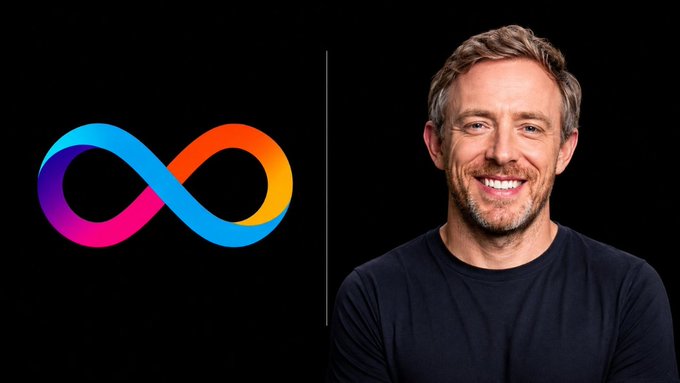 The image features a colorful infinity symbol alongside a smiling man in a black shirt against a dark background, visually representing the concept of infinite scalability mentioned in the post about the #ICP (Internet Computer Protocol) network.