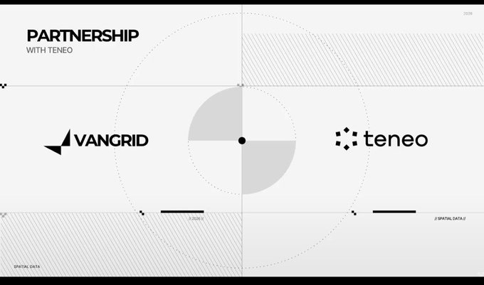 A black and white graphic announcing a 'PARTNERSHIP WITH TENEO' featuring the VANGRID and teneo logos on a technical grid background.