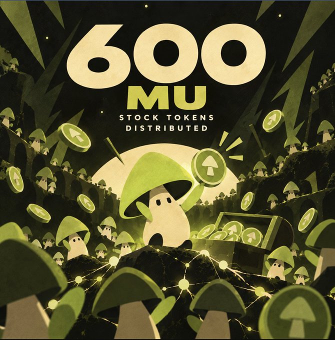 A graphic announcing '600 MU STOCK TOKENS DISTRIBUTED' featuring a cartoon mushroom character holding a token amid a crowd.