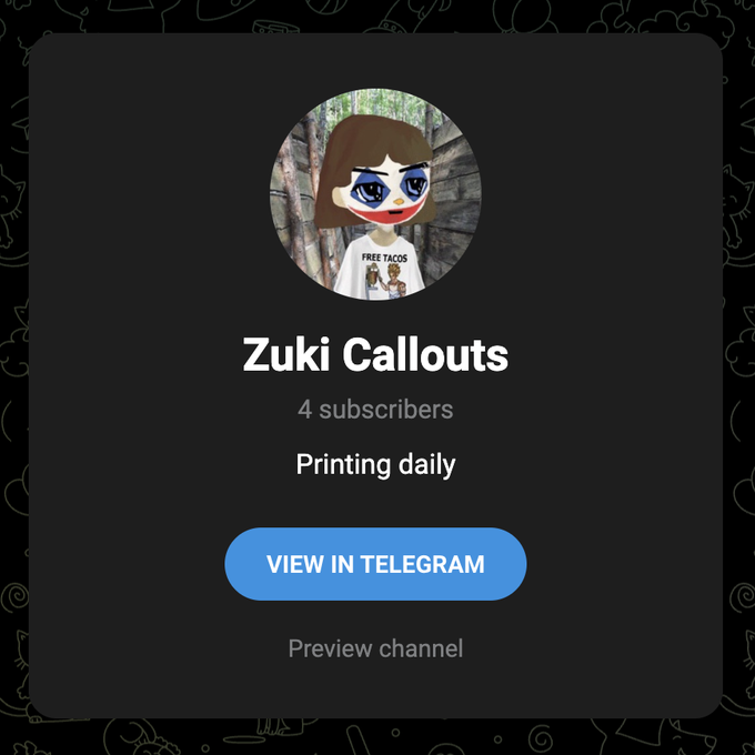 A Telegram channel preview card for "Zuki Callouts" featuring a cartoon avatar wearing a "FREE TACOS" shirt, showing 4 subscribers and the tagline "Printing daily." The image aligns with the accompanying post promoting the channel for crypto trading alpha and potential SOL giveaways.