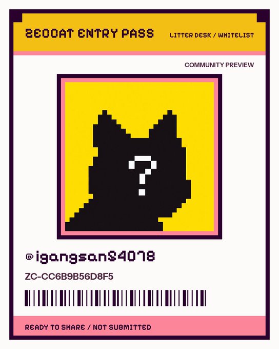 A pixel-art style '2EOOAT ENTRY PASS' card featuring a black cat silhouette with a question mark on a yellow background, marked 'COMMUNITY PREVIEW' and 'NOT SUBMITTED'.
