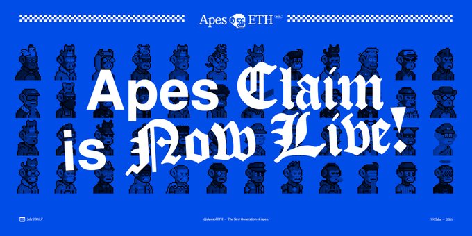 The image is a promotional graphic featuring the Apes of ETH logo at the top and large stylized text reading "Apes Claim is Now Live!" in white Gothic-style font against a blue background filled with pixelated ape character illustrations, announcing the launch of the Apes of ETH NFT collection claim on OpenSea.