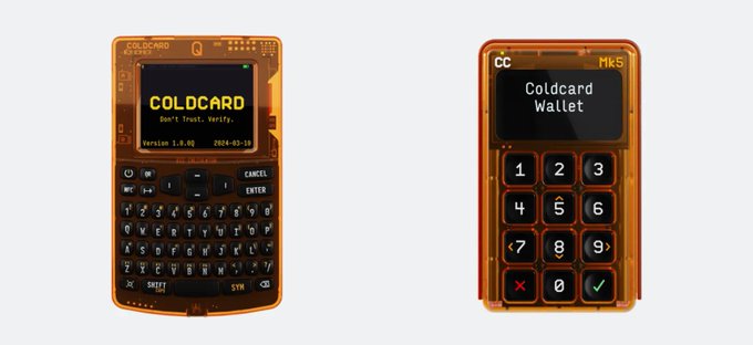 Two views of the Coldcard Mk5 cryptocurrency hardware wallet, one showing a QWERTY keyboard and the other a numeric keypad.