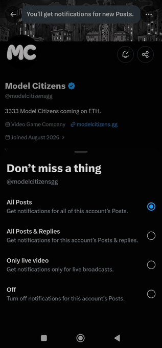 A social media notification settings screen for "Model Citizens" (@modelcitizensgg) shows options for "All Posts", "All Posts & Replies", "Only live video", and "Off", along with text "3333 Model Citizens coming on ETH."