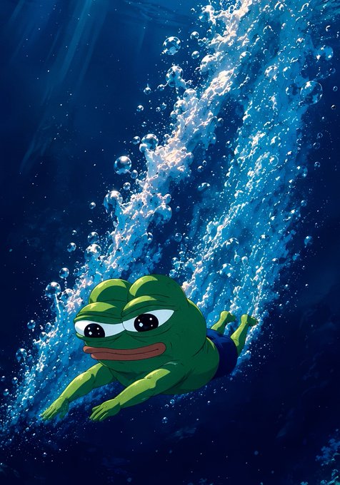 An illustration of a Pepe the Frog character swimming underwater with bubbles rising around it, wearing blue shorts against a deep blue ocean background.