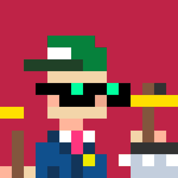 Pixel art illustration of a character wearing a green hat, pixelated green sunglasses, and a blue outfit with a pink tie, holding a yellow hammer-like object against a red background.