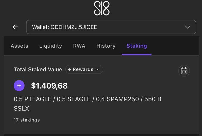 The image shows the SL8 app's staking dashboard for a wallet ending in "5JIOEE," displaying a Total Staked Value of $1,409.68 across assets like PTEAGLE, SEAGLE, SPAMP250, B, and SSLX, with 17 active stakings. It visually illustrates the post's point about SL8's built-in staking feature, which allows users to put idle crypto assets to work within a single ecosystem rather than letting them sit unused.