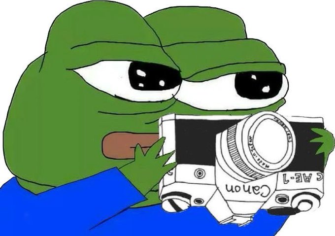 An edited image of Pepe the Frog holding a Canon camera, with text on the camera appearing reversed.