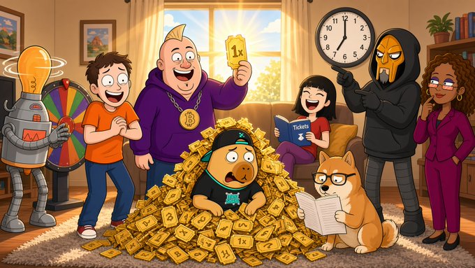 A cartoon illustration depicts a lively living room scene featuring characters around a pile of gold tickets, a Shiba Inu reading a book, and a figure in a Bitcoin hoodie holding a ticket marked '1x'.