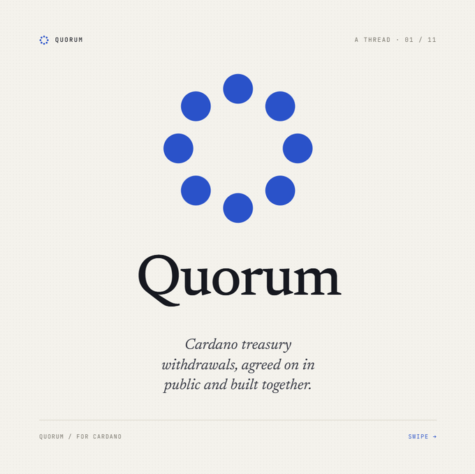 The image features a logo for Quorum, which is an off-chain public record for Cardano Treasury withdrawals. The logo consists of blue circles arranged in a ring shape with the word "Quorum" written inside them. The text below the logo explains that this is an off-chain public record and provides information about the purpose behind it.