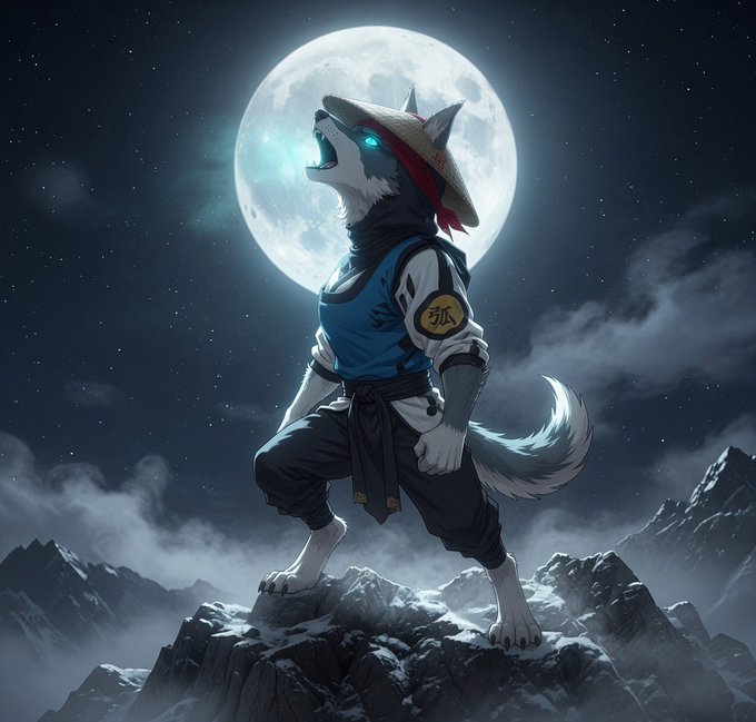 An anime-style anthropomorphic wolf/husky character in a straw hat, blue vest, and traditional martial arts attire howls atop a snowy mountain peak beneath a glowing full moon.