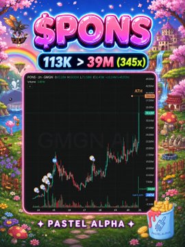 The image shows a promotional graphic titled "$PONS" featuring a stock/crypto chart with the text "113K > 39M (345x)" prominently displayed, set against a whimsical pastel kawaii background with rainbows, mushrooms, and a castle. The caption "PASTEL ALPHA" appears at the bottom, and the chart is labeled with "GMGN.AI" on the platform interface, visually celebrating the dramatic 345x growth of the $PONS token mentioned in the accompanying post.
