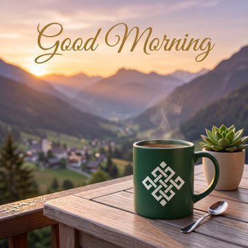 A steaming green mug bearing a geometric "Good Morning" emblem sits on a wooden railing overlooking a misty mountain valley at sunrise, with the elegant golden script "Good Morning" arched across the sky. The tranquil, contemplative scene of pausing to enjoy coffee at dawn evokes the thoughtful planning and problem-solving required to build reliable on-chain AI integrations—where smart contracts, servers, and keepers must work together as seamlessly as the components of a peaceful morning routine.