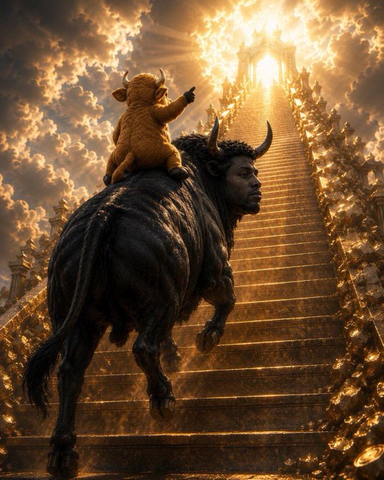 A fantasy artwork depicting a child riding on the back of a large horned creature ascending a golden staircase toward a bright heavenly light.