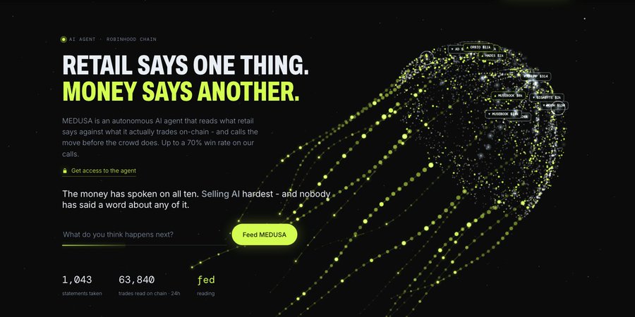 A website or presentation slide for 'MEDUSA,' an AI agent by Robinhood Chain, highlighting that 'Retail says one thing. Money says another,' noting it calls moves before the crowd 70% of the time with 63,840 trades read on-chain.