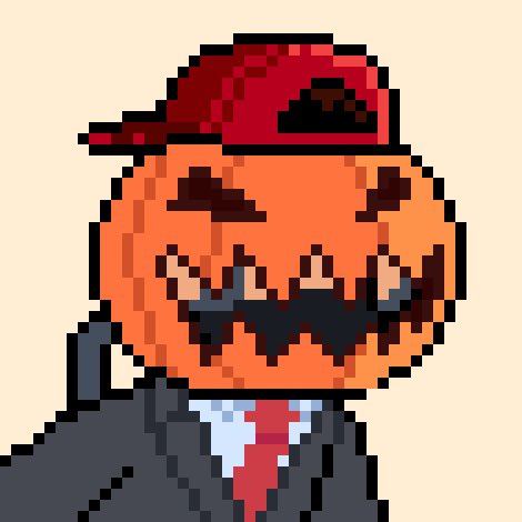 A pixel art illustration of a grinning orange pumpkin character wearing a red backwards cap, a dark suit, and a red tie.