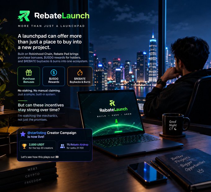 Promotional graphic for RebateLaunch, a Robinhood Chain launchpad offering purchase bonuses, $USDG rewards, and $REBATE buybacks & burns.